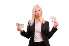 Woman Holding Euro In One Hand And Dollars In Ano Stock Photos