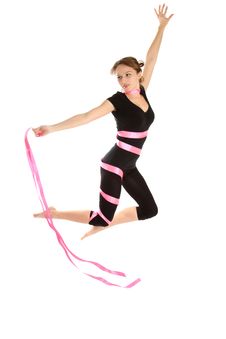 Young Woman Jumping From The Tape. Stock Photos