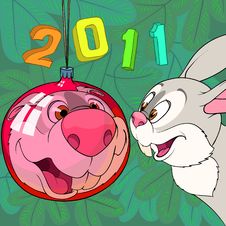 Rabbit And Christmas Ball Stock Photo Rabbit And Christmas Ball Stock Photo
