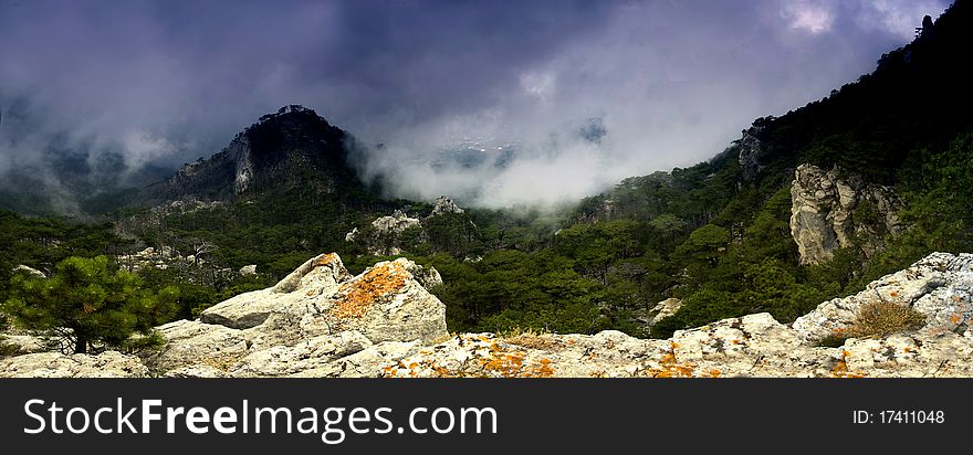 Mountain landscape panorama, sunset in mountain