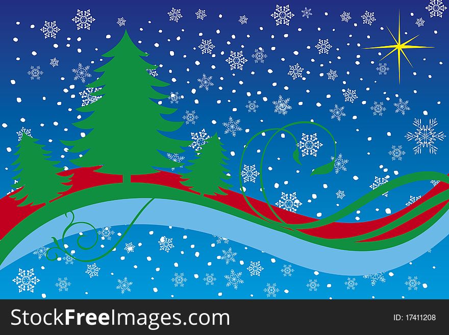 Christmas night with trees on a gradient background of stars and snowflakes. Christmas night with trees on a gradient background of stars and snowflakes