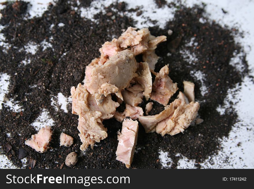 Tuna pieces fell to the ground