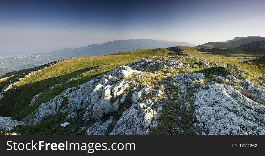 Mountain landscape panorama, sunset in mountain