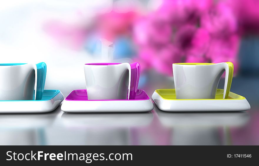 Three set of vibrant colored ceramic cups in front of  flower beside the window, which contributes great depth of field effect. Three set of vibrant colored ceramic cups in front of  flower beside the window, which contributes great depth of field effect.