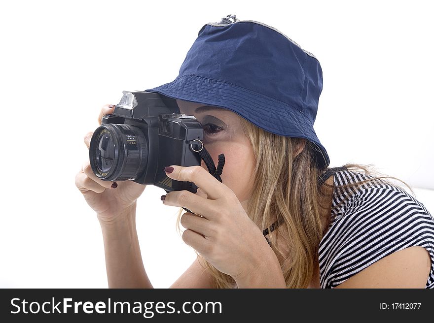 Smiling tourist woman taking photograhs. Smiling tourist woman taking photograhs