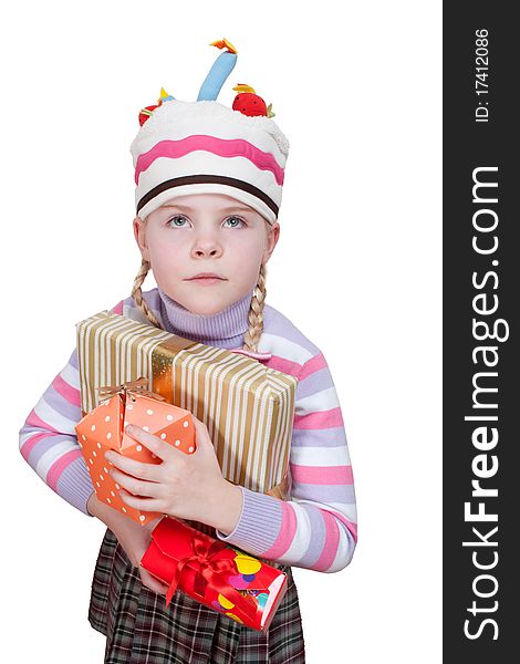 Girl with boxes of gifts in her hands on white background