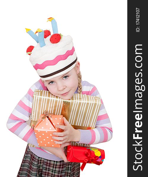 Girl with boxes of gifts in her hands on white background