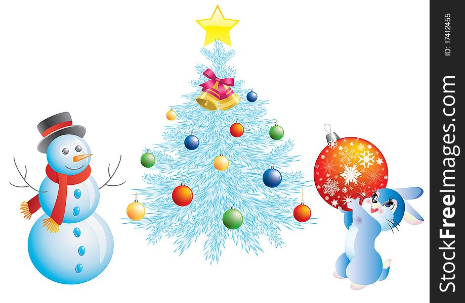 Christmas tree, a snowman and a rabbit with a ball on a white background. Christmas tree, a snowman and a rabbit with a ball on a white background.