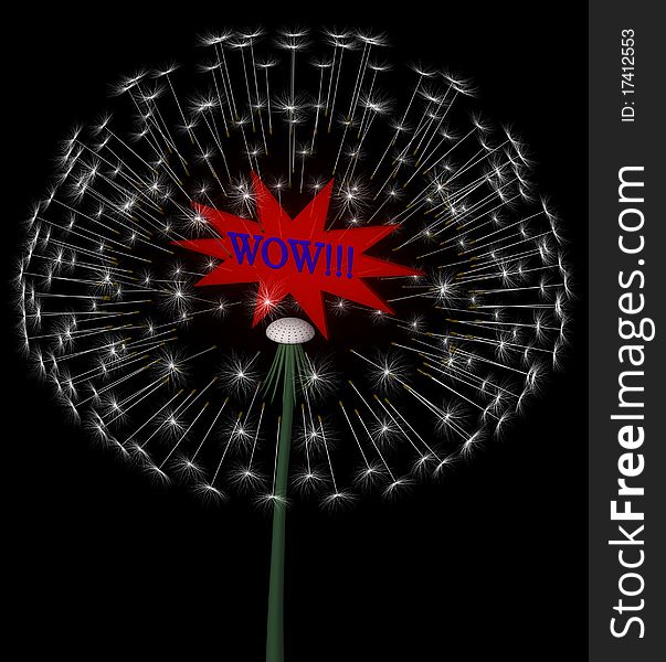 A isolated exploding dandelion with red label. A isolated exploding dandelion with red label