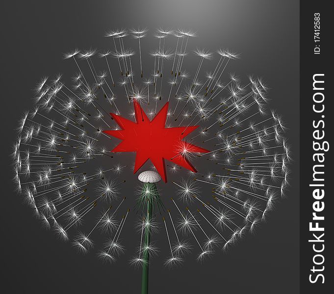 A expanding dandelion with red label. A expanding dandelion with red label