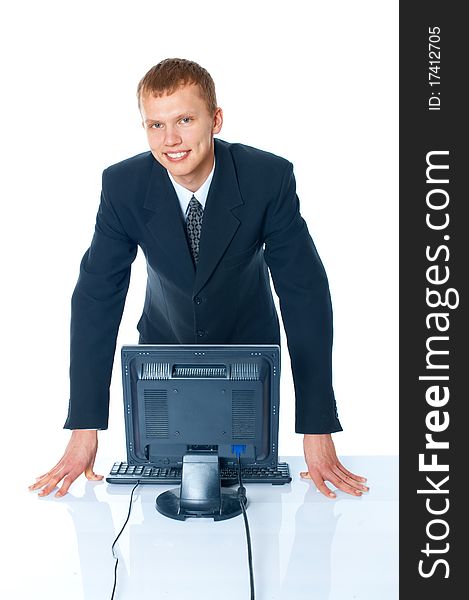 young man with a computer on a white background