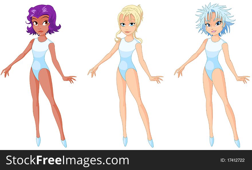 Cartoon illustration of three fairy dolls or girls. Isolated on white. Cartoon illustration of three fairy dolls or girls. Isolated on white.