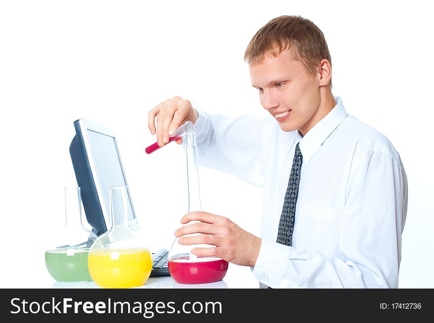 Young chemist on a white background