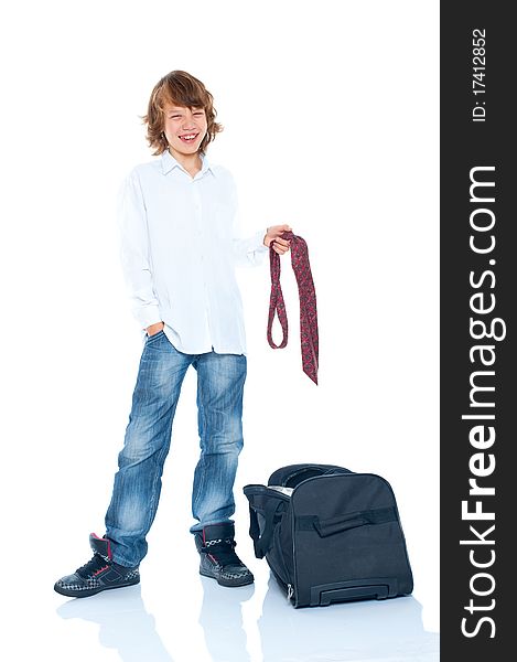 Boy traveler on a white background