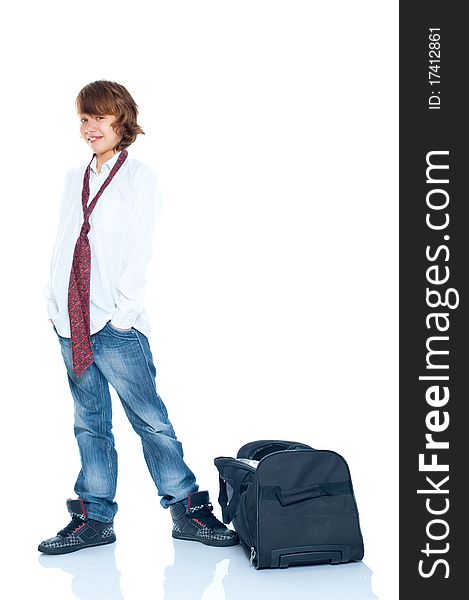 Boy traveler on a white background