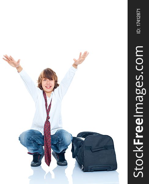 Boy traveler on a white background