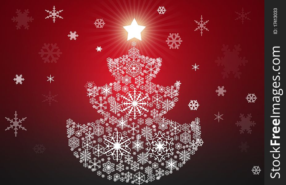 Red christmas tree background with snowflakes