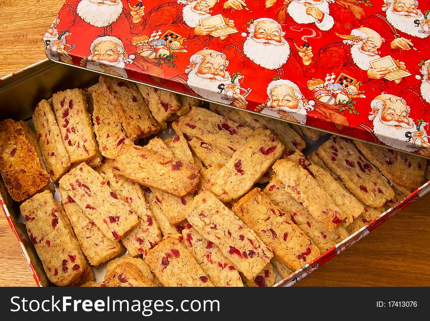 Walnut Cranberry Biscuits in an open tin