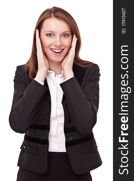 Portrait of amused business woman. Isolated on a white background.