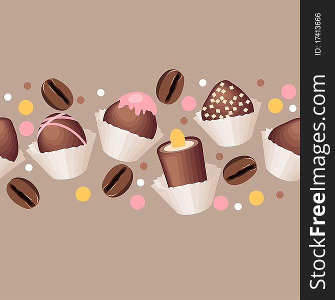 Seamless beige horizontal pattern with chocolate sweets. Seamless beige horizontal pattern with chocolate sweets