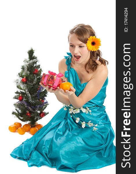 Young beautiful woman with Christmas tree and a gift. Young beautiful woman with Christmas tree and a gift.