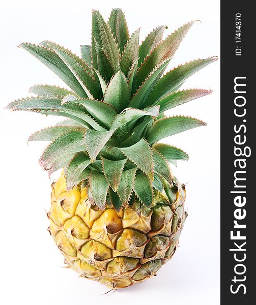 Ripe pineapple with rich green rosette. Isolated on a white. Shot made from top. Ripe pineapple with rich green rosette. Isolated on a white. Shot made from top.