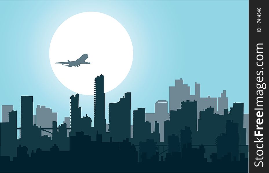 Silhouette of the city at night at sunset, and the aircraft. Silhouette of the city at night at sunset, and the aircraft