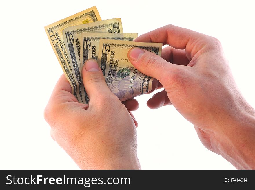 Man thinks his dollar bills in their hands. Man thinks his dollar bills in their hands