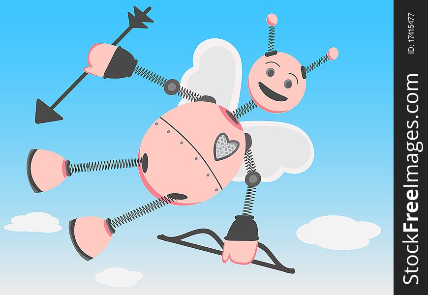 Happy pink springy robot flies joyful past clouds with arrow and bow at ready, editable vector illustration. Happy pink springy robot flies joyful past clouds with arrow and bow at ready, editable vector illustration