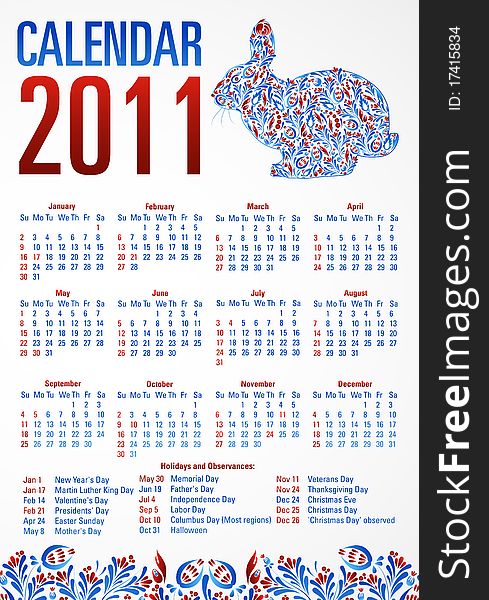 Calendar with rabbit. 2011 USA.