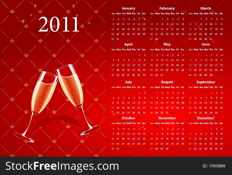 Vector American red calendar 2011 with champagne, starting from Sundays. Vector American red calendar 2011 with champagne, starting from Sundays