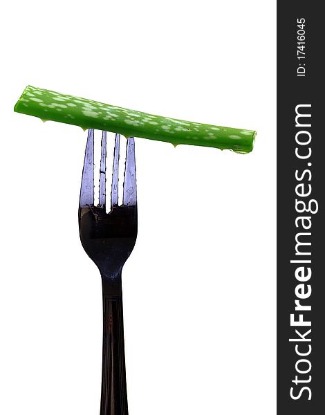 Fresh alovera stuck in black fork isolated on white background.