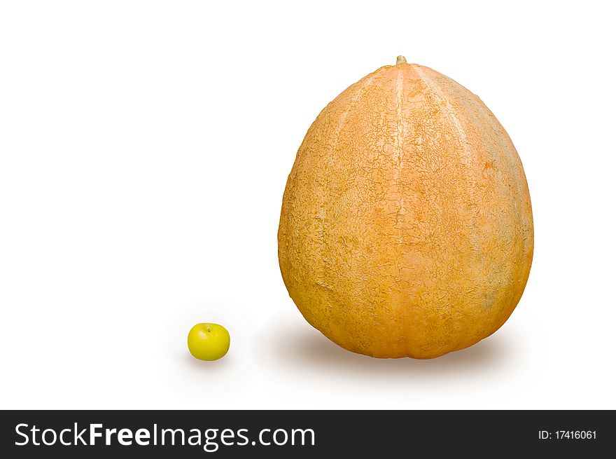 The big pumpkin and small apple. On a white background. The big pumpkin and small apple. On a white background