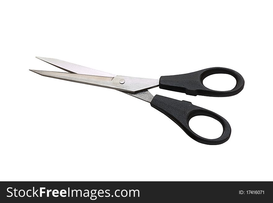 Writing scissors from stainless steel. With black plastic handles. On a white background