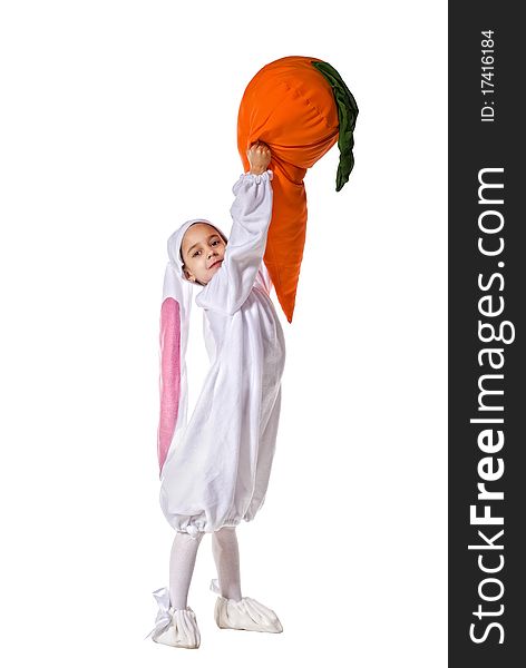 Funny Bunny-girl with carrot. Isolated over white