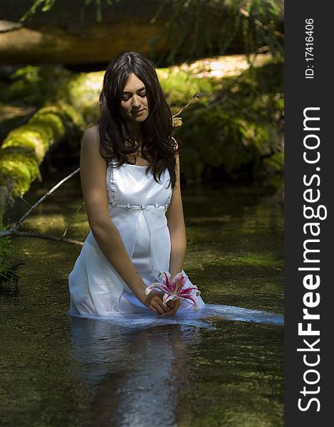 Young woman reading bible by stream in summer