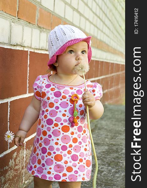 The child costs on outdoors with widely opened eyes and holds in a hand a dandelion