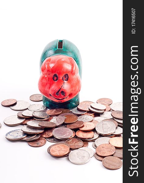 Childrens Painted Mini Piggy Bank with Scattered Coins