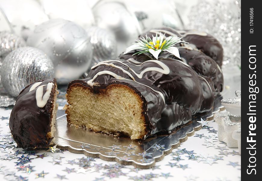 Christmas chocolate cake on the table