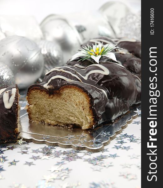 Christmas chocolate cake on the table