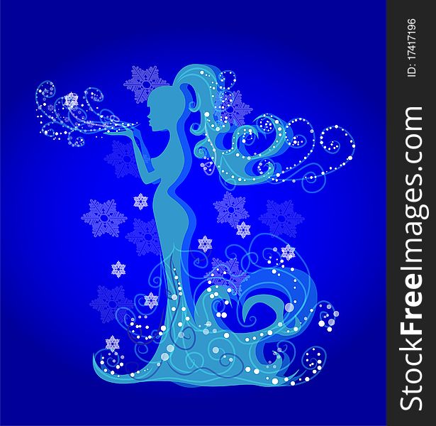 Silhouette of a girl winter on a blue background with snow flakes