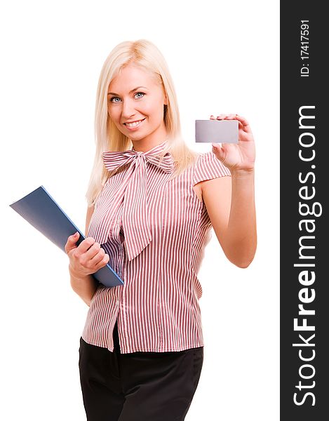 Businesswoman showing and handing a blank business card.