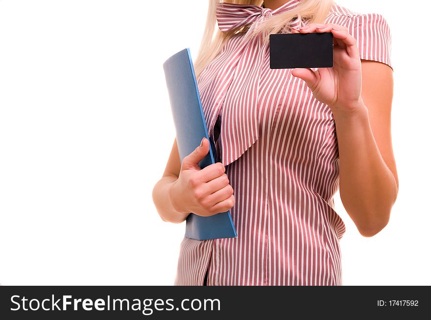 Woman Showing And Handing A Blank Business Card.