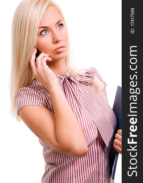 Woman with telephone and folder isolated on w