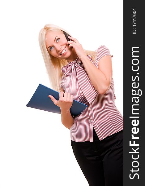 Woman With Telephone And Folder Isolated On W