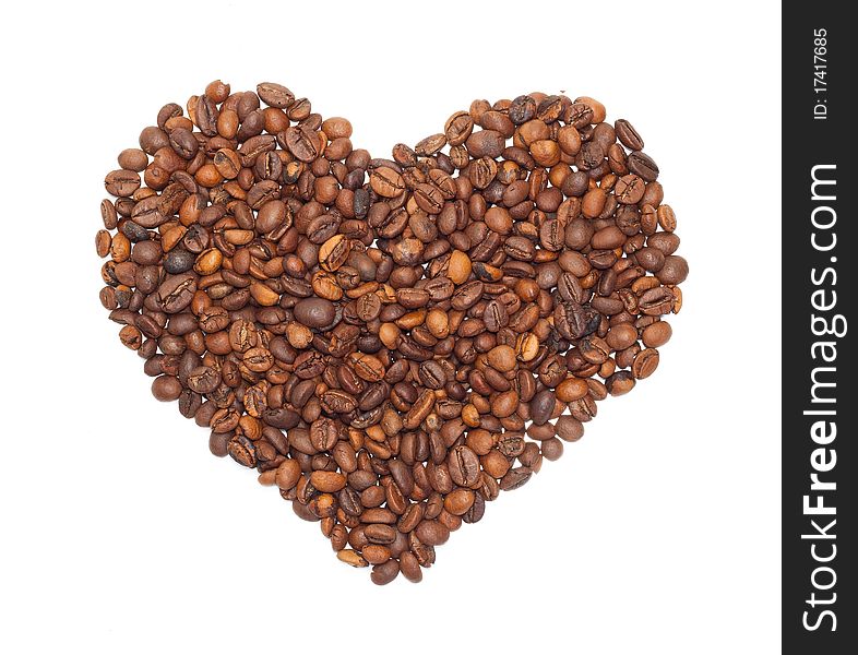 Heart from the corns of coffees isolated on a white background