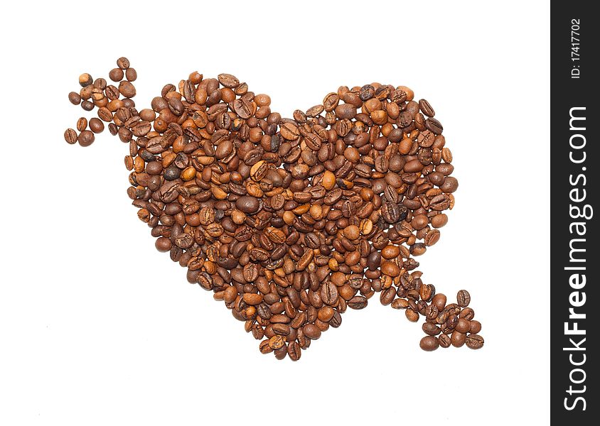 Heart is broken through an arrow from the corns of coffees isolated on a white background