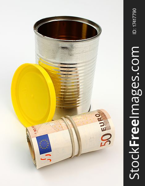Euros hidden in metal tin. Euros hidden in metal tin