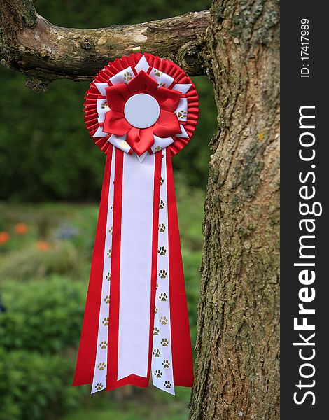 Picture of a red ribbon with paw print hanging on a branch