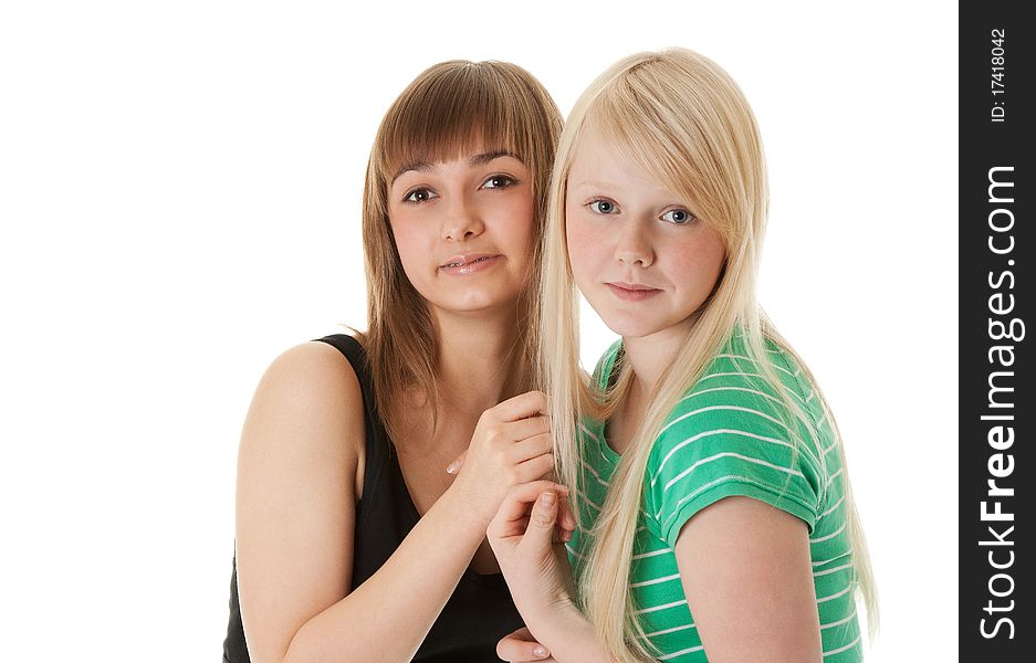 Portrait of two friends on a white background